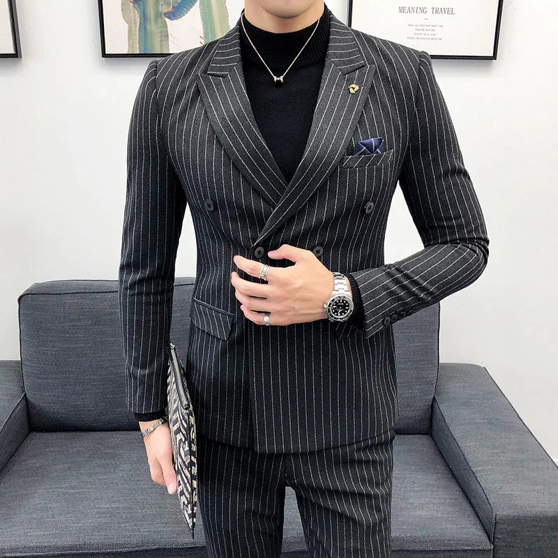( Jacket + Pants ) High-end Fashion Striped Men\'s Formal Double-breasted Business Suit Groom Wedding Dress Mens Suit 2 Piece Set
