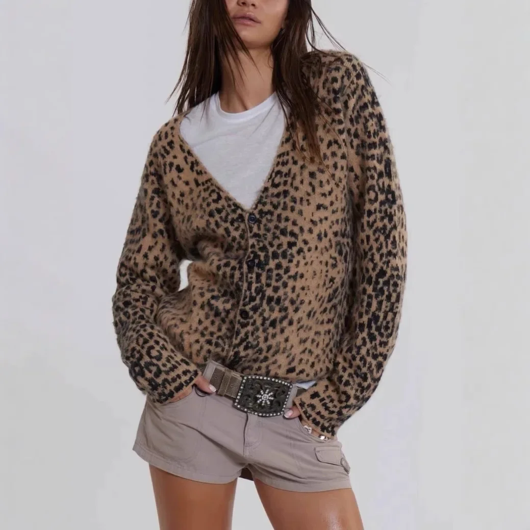 

Y2K Leopard Print Cardigan V Neck Knit Open Top for Women American Retro Style Sexy Casual Clubbing Coatigan Streetwear
