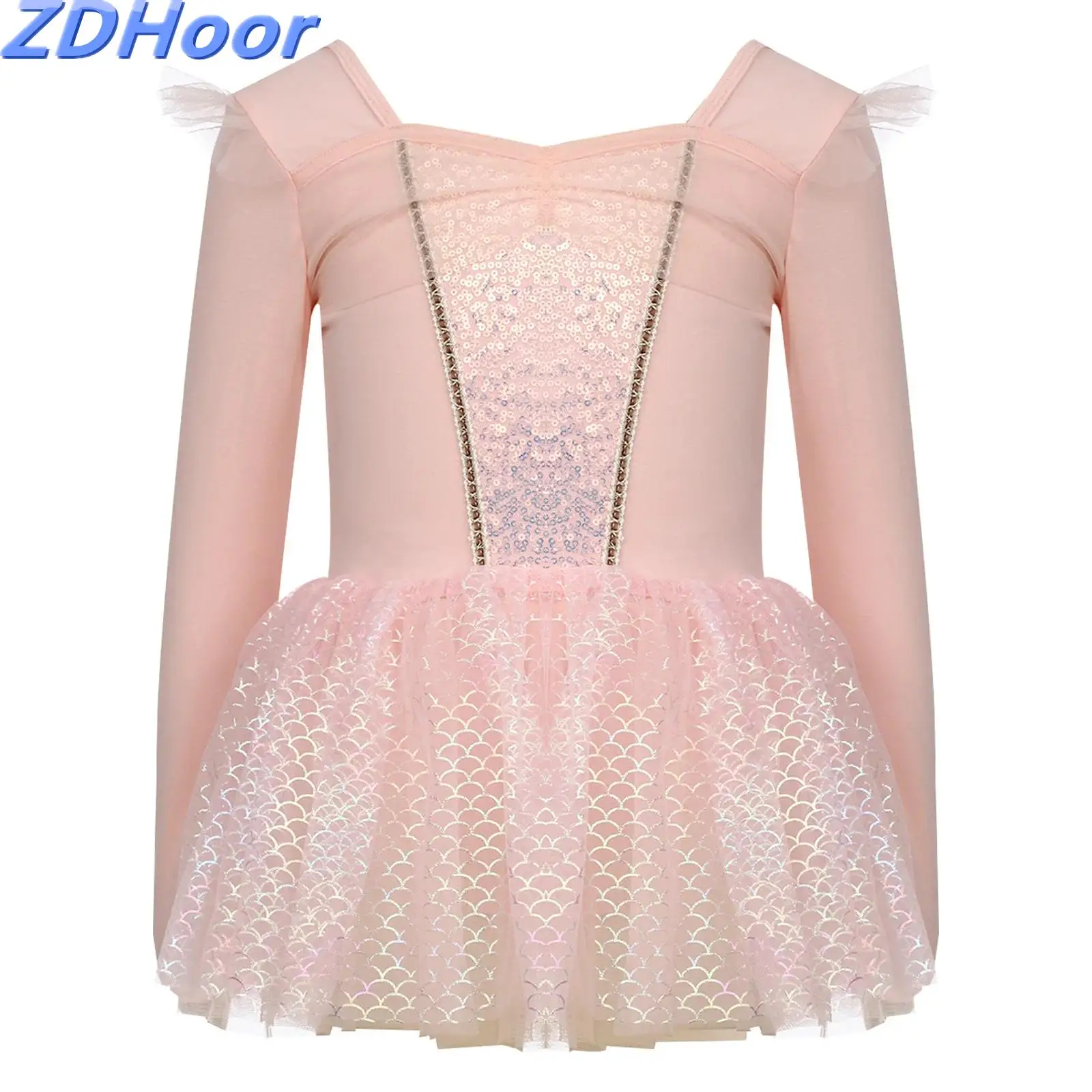 

Kids Girls Patchwork Dance Dress Shiny Sequins Ballet Dress Sheer Mesh Ruffle Long Sleeve Fish Scales Tulle Tutu Dance Dress