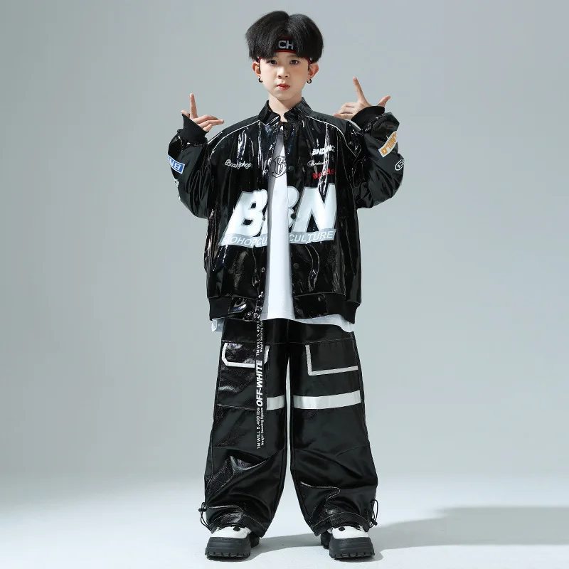 

Kid Kpop Hip Hop Clothing Black PU Letter Print Motorcycle Jacket Casual Wide Parachute Pants for Girl Boy Dance Costume Clothes