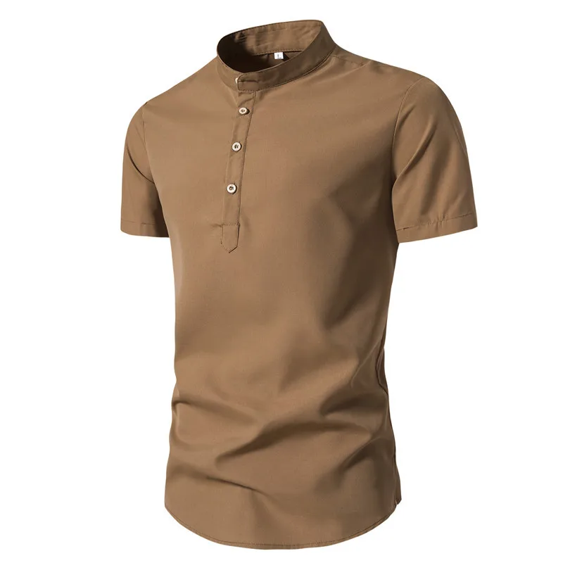 2024 summer solid color standing collar men's casual shirt short sleeve foreign trade shirt men's pullover top men's wear