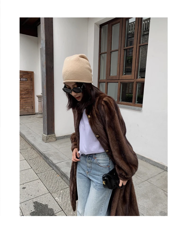 Lautaro Winter Long Brown Thick Warm Soft Faux Mink Fur Coat Women Puff Sleeve Elegant Luxury Chic Fluffy Furry Overcoat 2023
