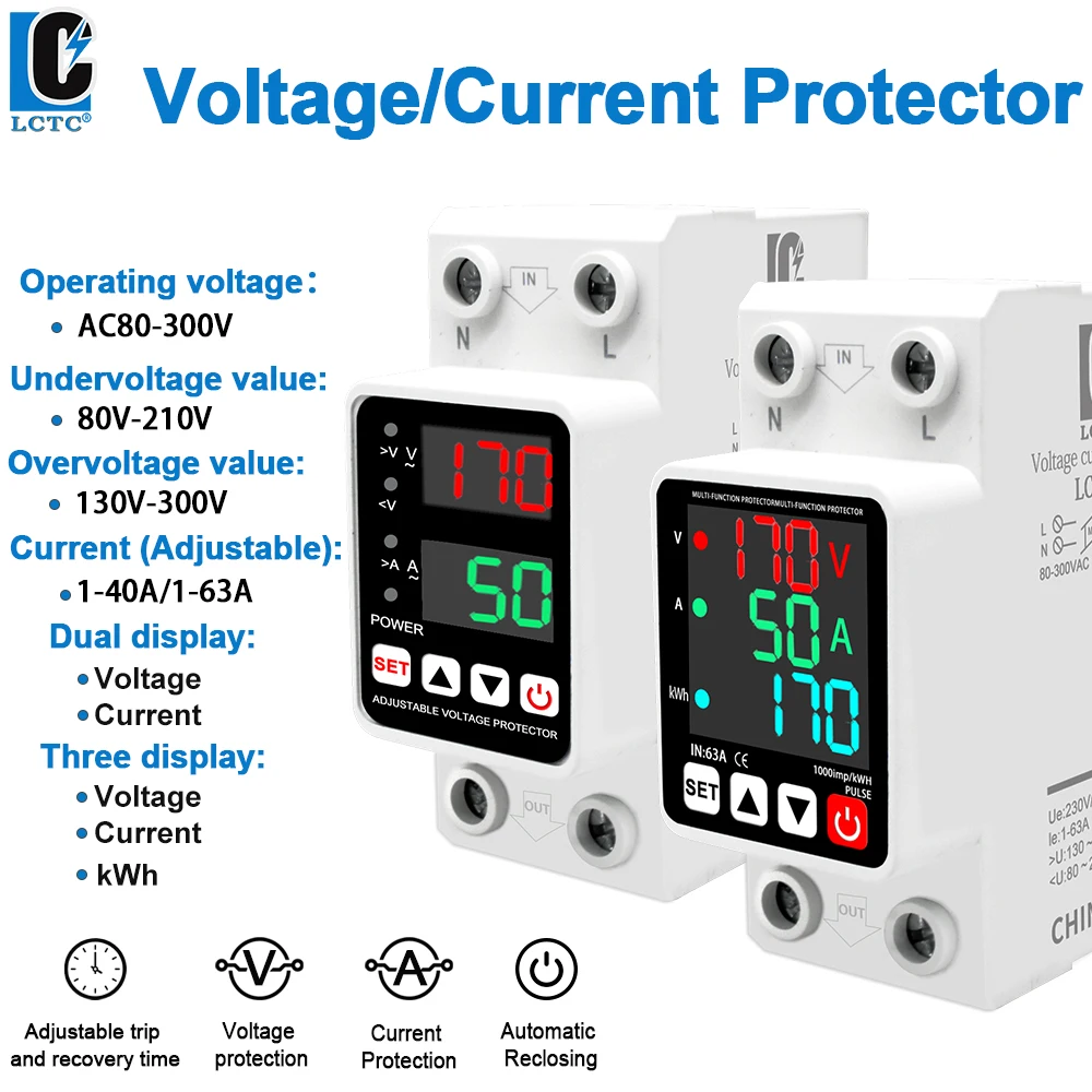 LCTC Voltage Protector Adjustable 40a63a220vac Over Voltage and Under Voltage Protection Relay Digital Display kWh Din Rail