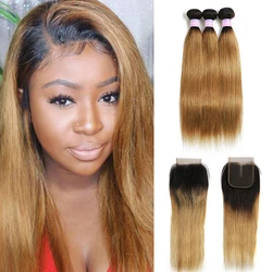 Bundles de cheveux humains raides brésiliens avec fermeture, couleur blonde ombrée, tissage de cheveux 100% humains, 3 faisceaux, 4x4