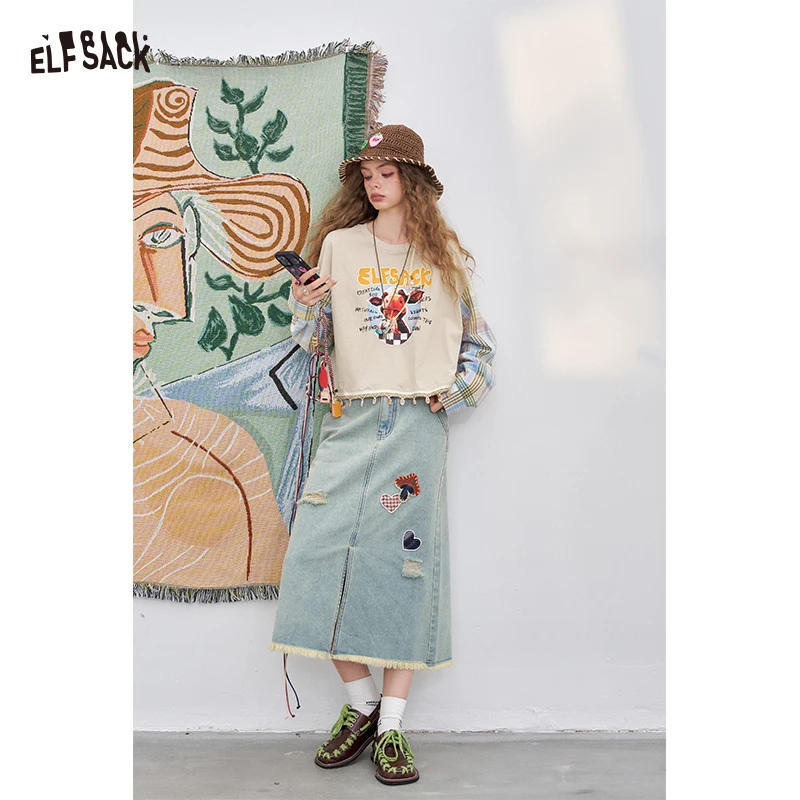 

ELFSACK 2025 Summer New Arrival design casual Plaid patchwork printed long sleeve t-shirt
