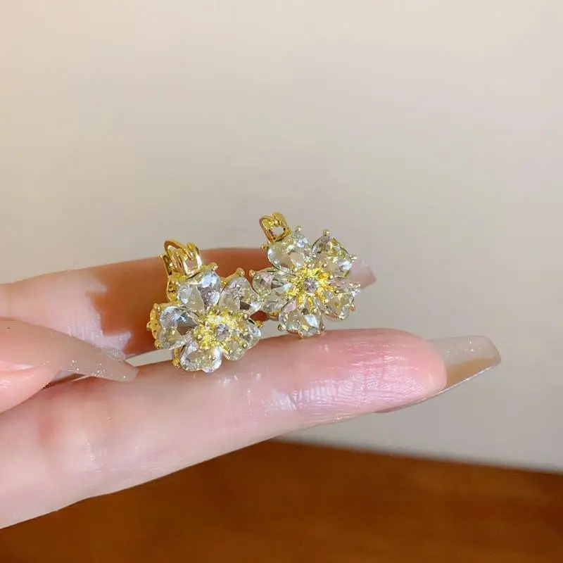 Gorgeous Gold-Plated Copper Silver Needle Hypoallergenic Zircon Double-Sided Flower Earrings for Women Girls Wholesale