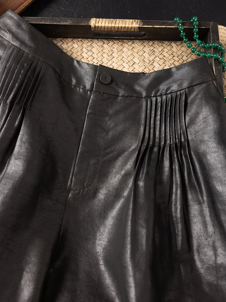 Black New Chinese Style Pocket Pleated Design 100% Natural Mulberry Silk Gambiered Guangdong Gauze Women's Casual Pants