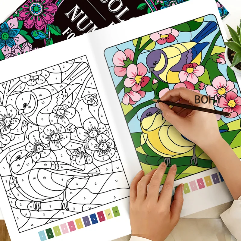 Coloring Book for Adults Themed with Animals/flowers/mandalas Complete Coloring Through Corresponding Numerical Prompts 32 Pages
