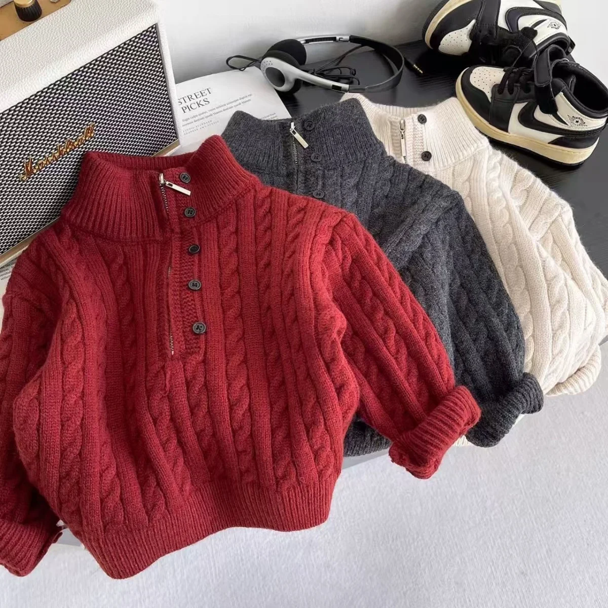 

Children's New Sweater Boys' Fried Dough Twists Striped Sweater With Winter Underlay Underneath Baby's Half High Neck Sweater