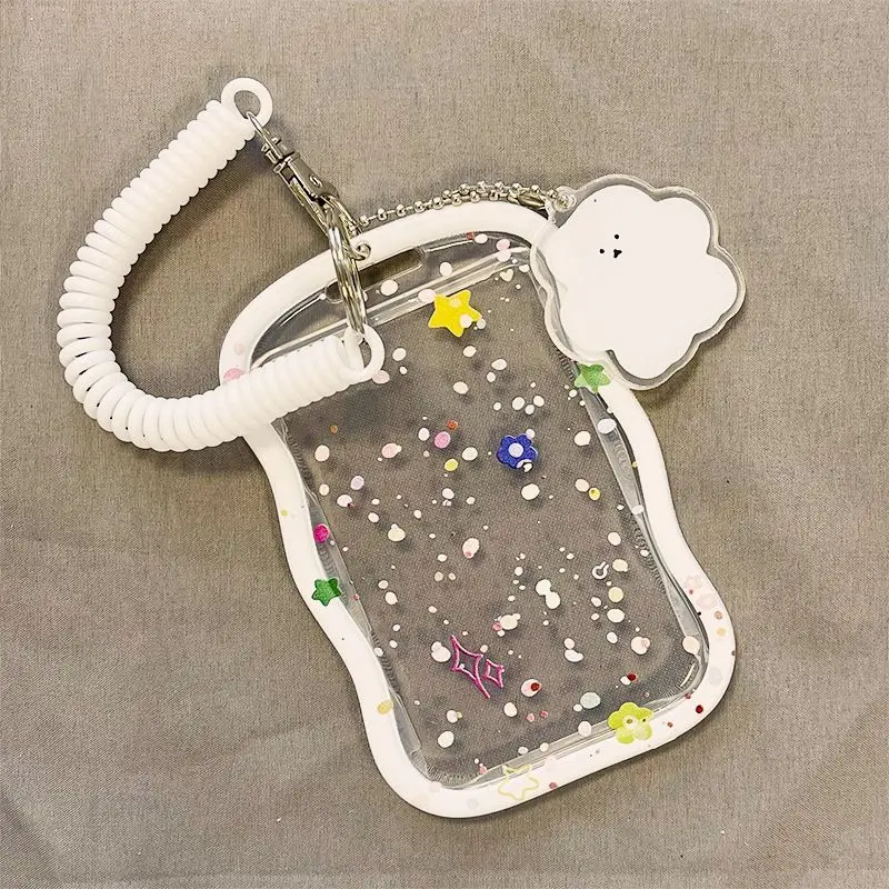 حامل بطاقات بقلادة على شكل نجمة منقطة، تصميم سلك زنبركي أبيض، حافظة شفافة مع زخرفة منقط، تخزين بطاقات صور أيدول، مضاد للفقدان لبطاقات العمل والبطاقات الوصول، ملحق لطيف للاستخدام اليومي #1