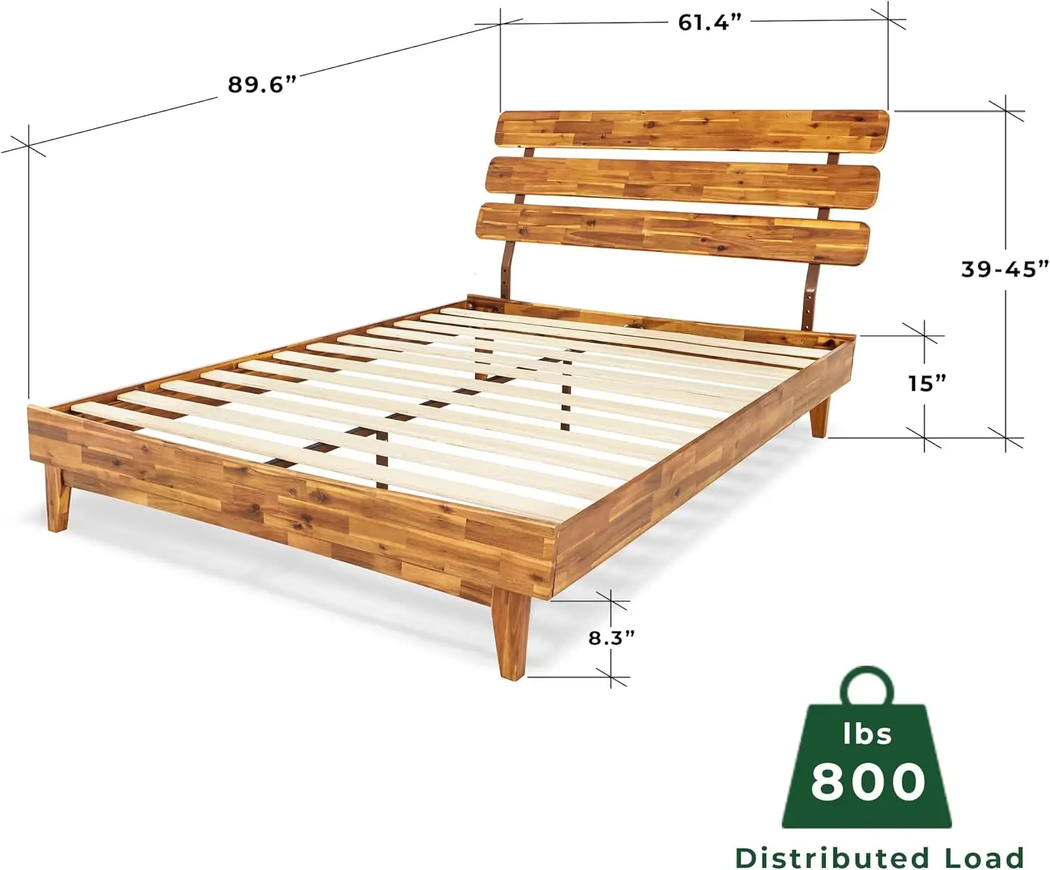 Marco de cama de 15 pulgadas con cabecera ajustable estilo retro de mediados de siglo con madera de acacia sin somier, soporte de listones de madera necesario