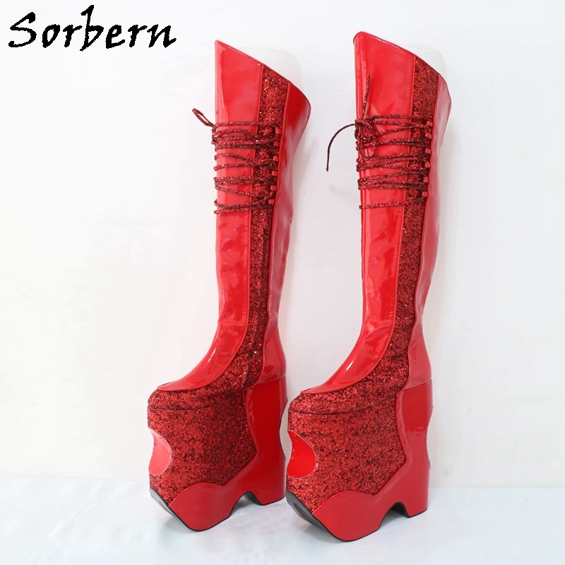 

Sorbern Red Glitter Wedge Boots Women Over The Knee Patent Leather Fetish Mid Thigh High Boots Custom Wide Slim Leg Fit Boot