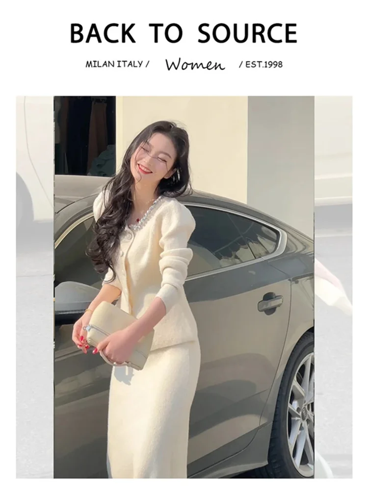 een Conjunto de punto con adornos de diamantes Faion para mujer primavera Otoño Invierno largo Sve redondo Ne abotonada ropa de trabajo informal