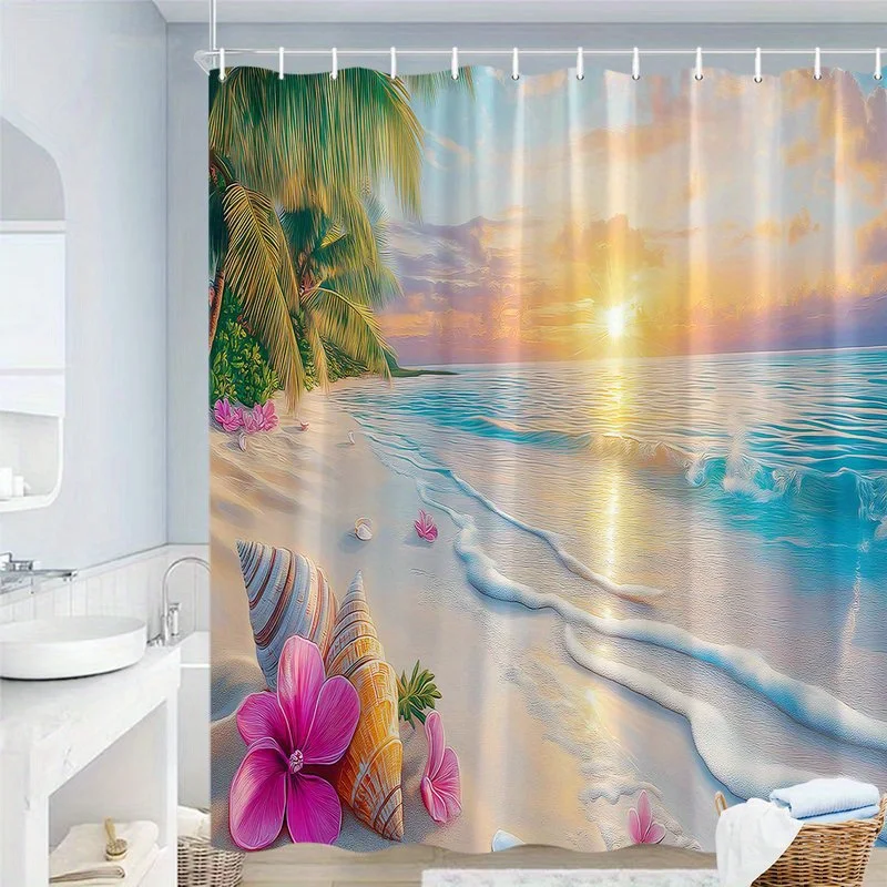 1pc Tropical Sunset Beach Shower Curtain - Pink Hibiscus & Ocean Scene Polyester Fabric with Golden Sand, Palm Trees & Blue Sky,