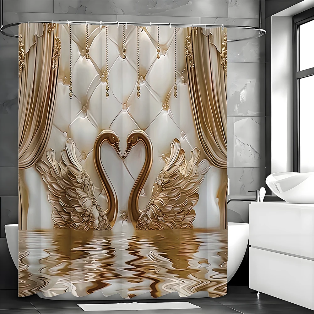 

Waterproof Shower Curtain with Hooks, Bathroom Accessories, Interior Decoration Rose Gold Goose Print Shower Curtain, Beautiful,
