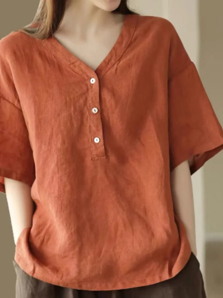 

Women's Cotton Linen V-ne ort Sve T-irt Summer New Sle plus Size Loose Slimming Overhead Match All Season Base irt