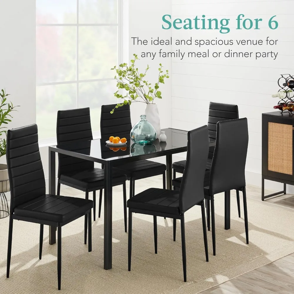 7-Piece Glass Dining Set, Modern Kitchen Table Furniture for Dining Room, Dinette, Compact Space-Saving w/Glass Tabletop