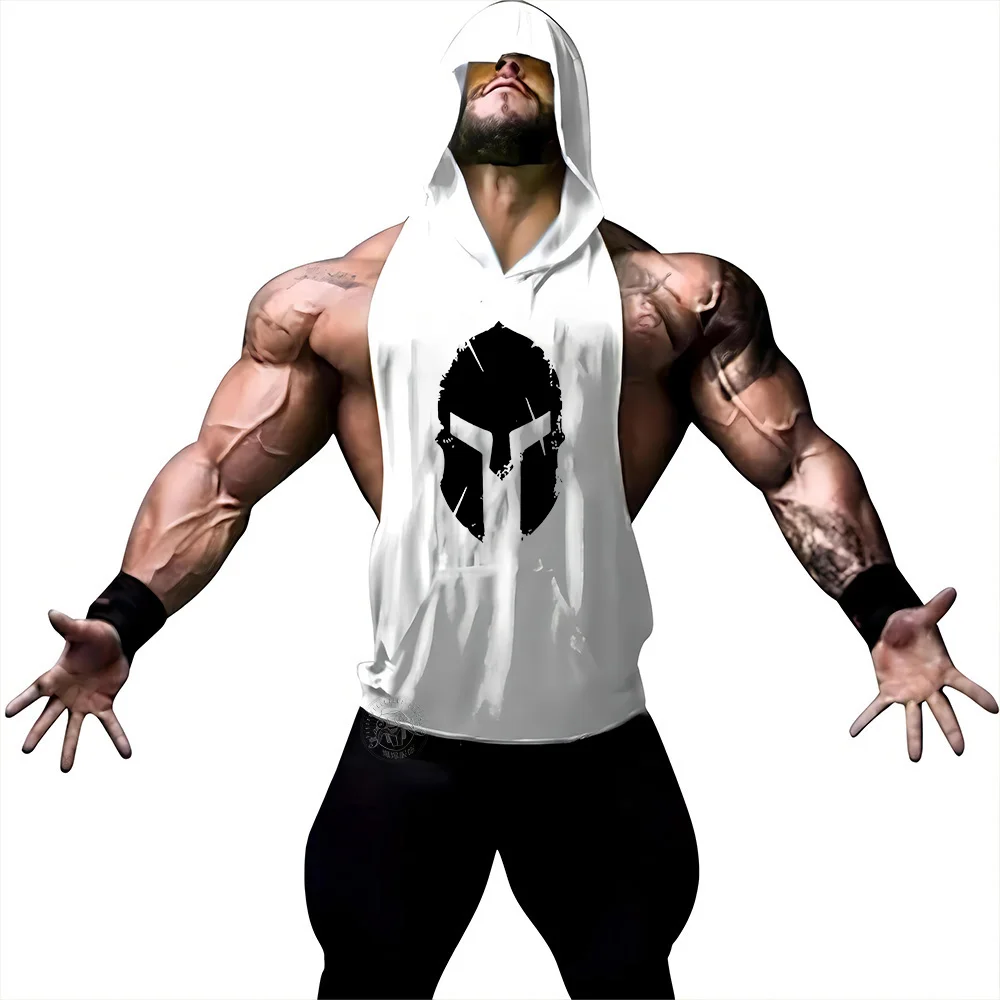 Gym New Clothing Men's Fashion Hooded Vest Muscle Fitness 2D Armor Head Printed hooded Vest tops Summer men's tracksuit