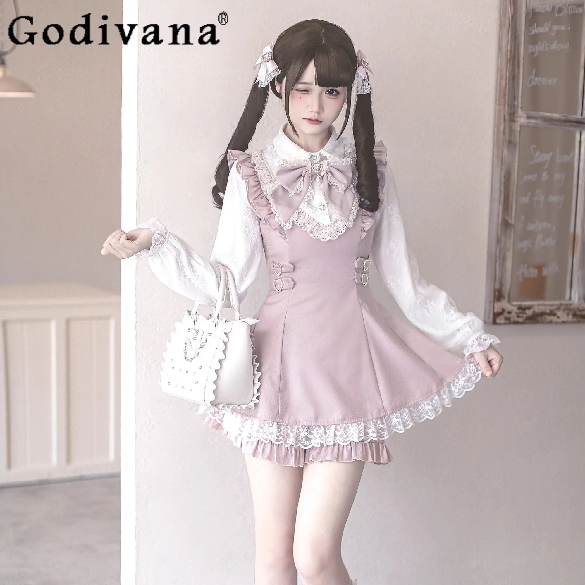 

Original Mine Mass-produced Pink Long-sleeved Top Shorts 2-piece Set Girls Women Sweet Lolita Cute Bow Lace Splicing Dress Set