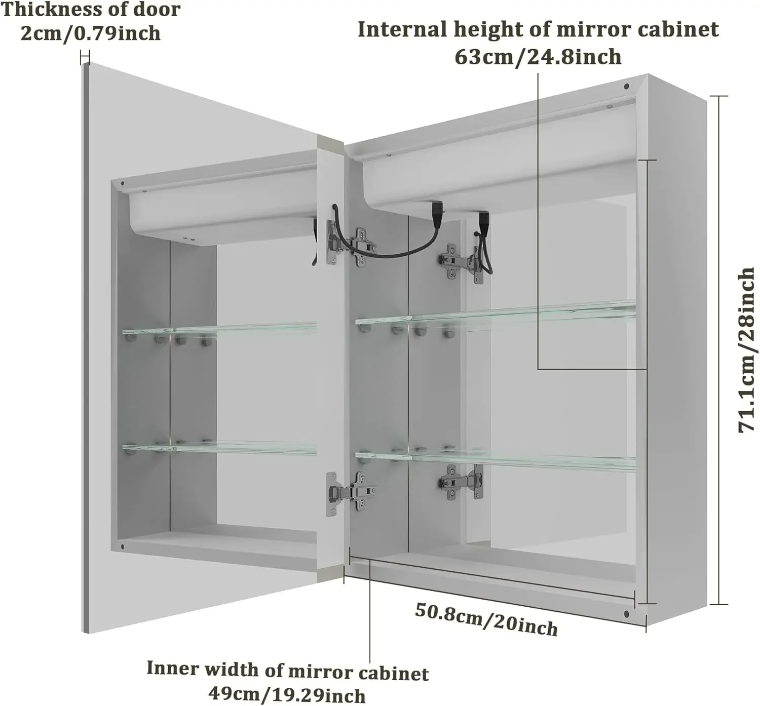 20 X 28 inch Bathroom Medicine Cabinet with Mirror Wall Mounted LED Bathroom Mirror Cabinet