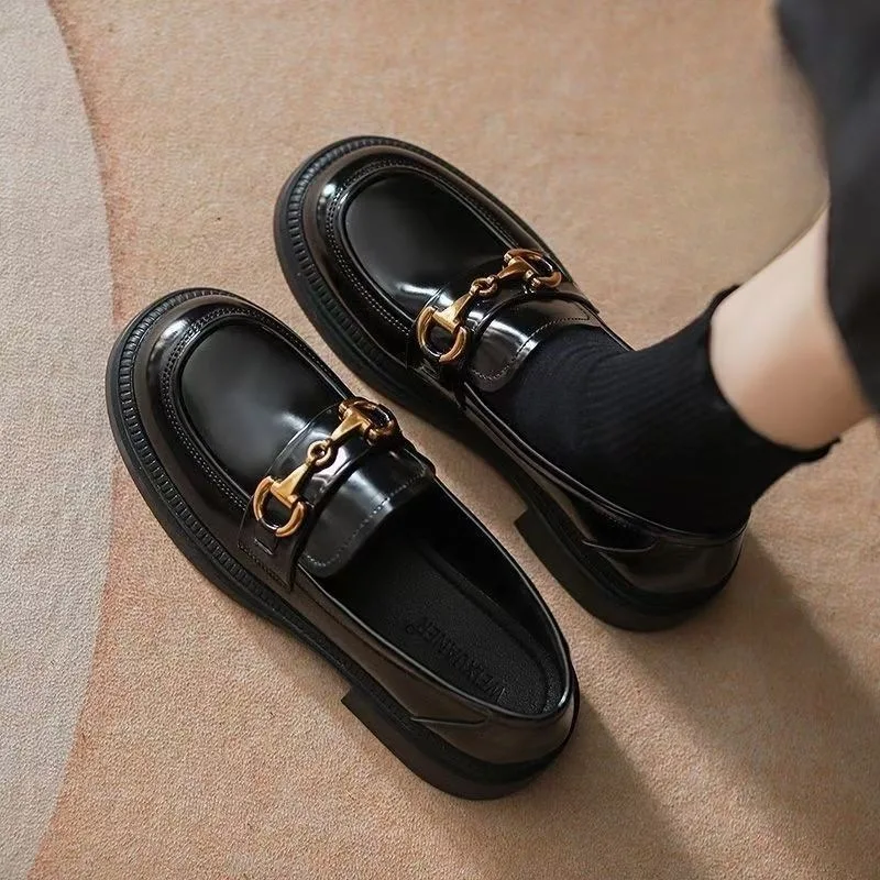 

Women's Leather Shoes British Style Women Casual Shoes High Quality Metal Decoration Thick Sole Shoes Fashion Designer Oxfords