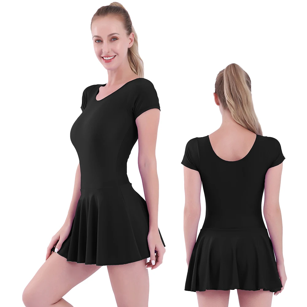 AOYLISEY Women Short Sleeve Leotard With Skirt Dancewear Scoop Neck Ballet Tight Jumpsuit Gymnastics Costume Workout Yoga Stage