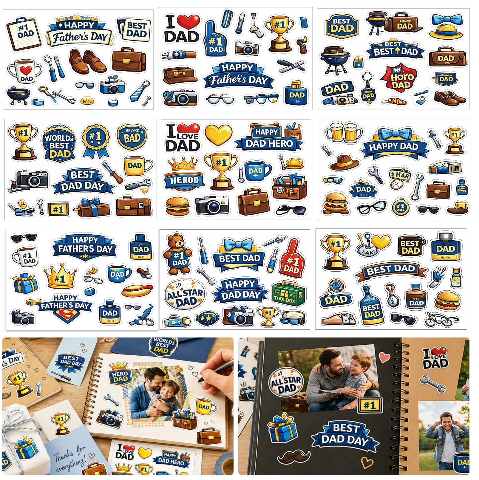 9 Blatt Aufkleber zum Vatertag, niedliche Aufkleber für Papas, Scrapbook-Aufkleber, dekorative Etiketten für Karten, Geschenkverpackungen, Tagebuchaufkleber, Umschläge S