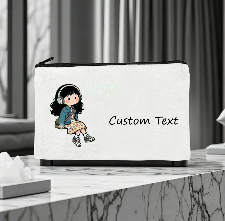 1PC Custom Text Cartoon Girl With Headphones Music Note Canvas Cosmetic Pouch Zipper Portable Makeup Storage Bag