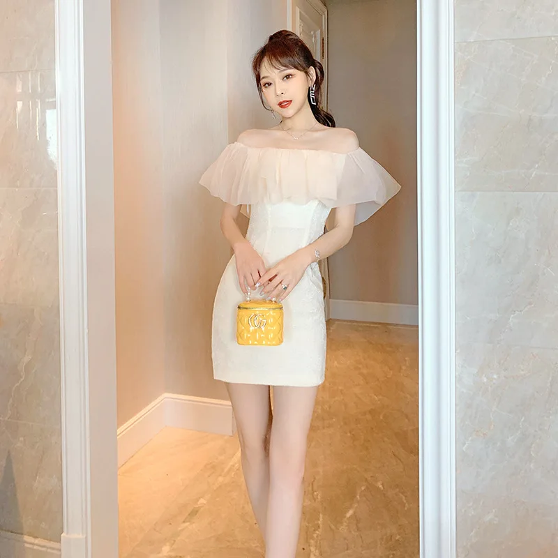 Vestido feminino de malha com ombros de fora, patchwork, temperamento com babados, verão, nova fada respirável