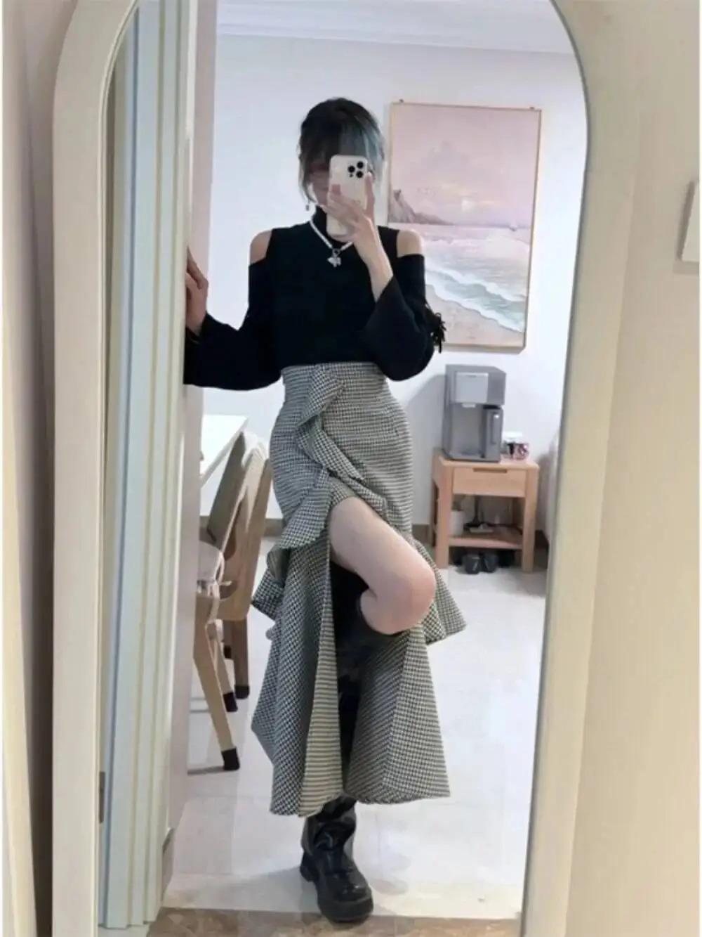 

Модные винтажные клетчатые юбки Haruku Faldas Fungus с высокой талией и вентиляционным отверстием, тонкие юбки, Япония с узором «гусиные лапки», Moda, персонализированные Mujer Falda