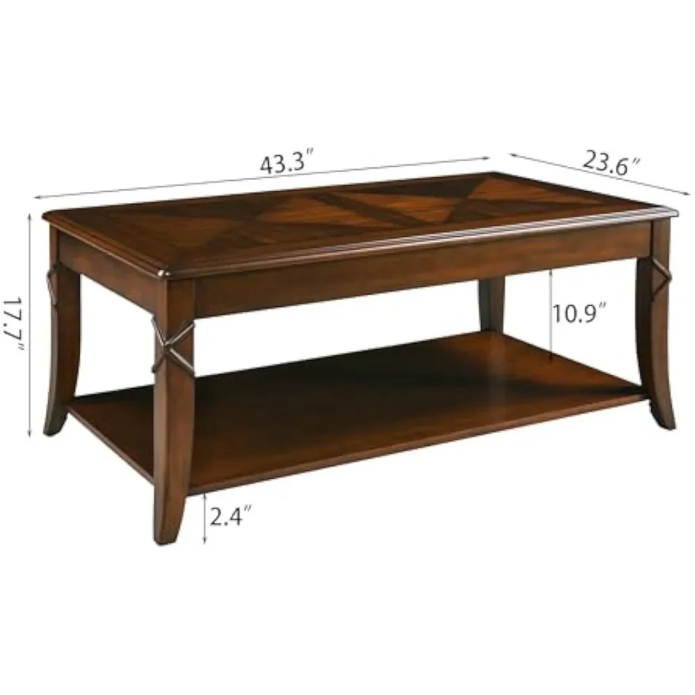 Solid Wood Coffee Table with Storage Shelf, Mid-Century Living Room Table with Wood Carved Tabletop and Leg