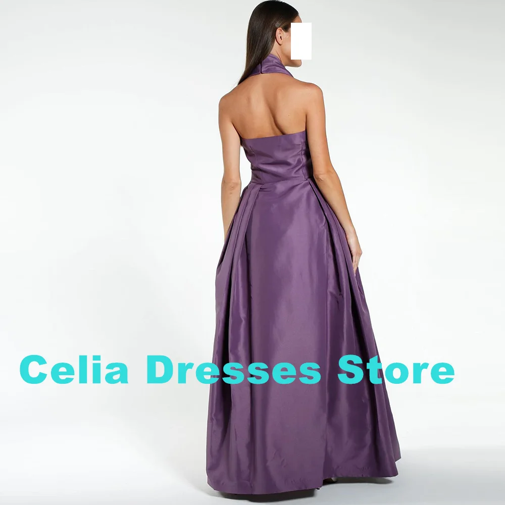 Elegant Party Dresses Woman A-Line Halter Satin Sleeveless Ankle Length Pleats Solid Purple Dresses For Formal Occasions 2024