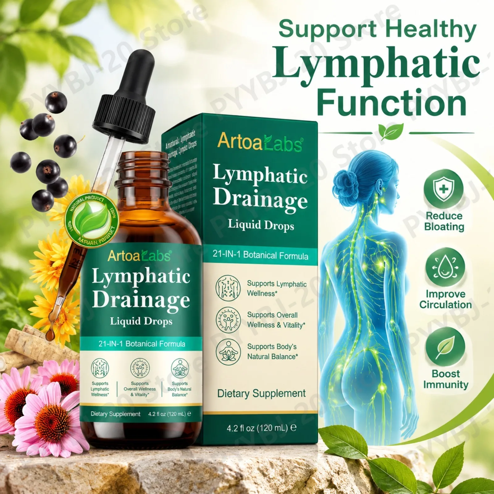 ArtoaLabs Lymphatic Drainage Drops Lymphatic Health Liver Support Energy Support with Echinacea Dandelion Burdock Root 120ml