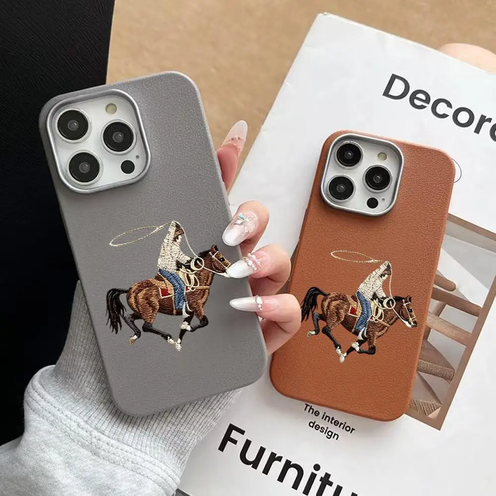 Retro Cowboy Riding Horse Pattran Lychee Soft Phone Case For iPhone 17 Pro Max 11 12 13 14 15 16 Pro 17Air 15 Plus X Xs XR Cover
