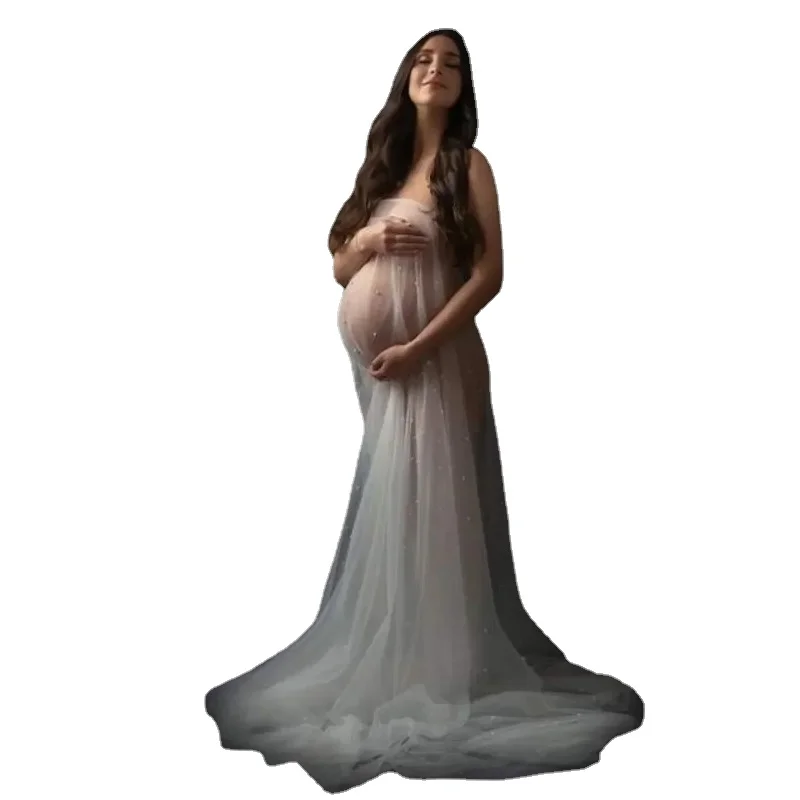 Tulle Sexy Pearl Matternity Photography Props Dresses for Women Dress Pregnancy Photo Shoot Baby Showers Pregnancy Maxi GownLong