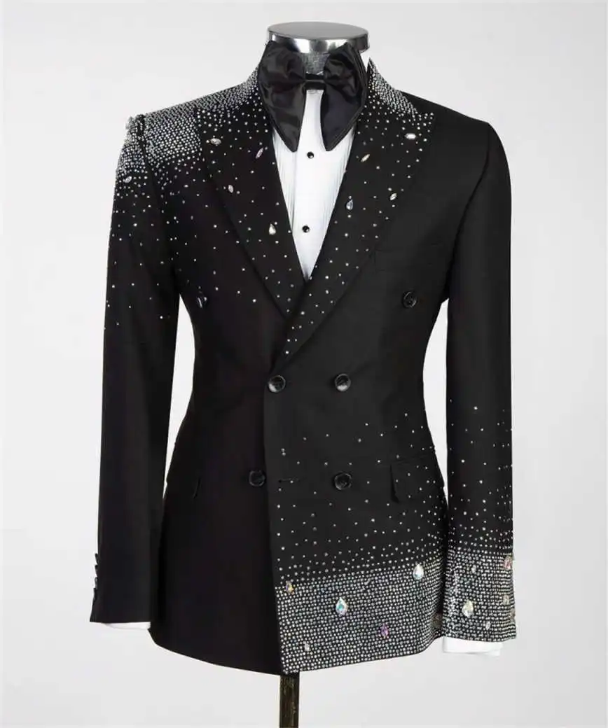 

Fashion Wedding Men Suit 2 Pieces Blazer Pants Single Breasted Beads Crystal Slim Fit Groom Formal Occasions Customized
