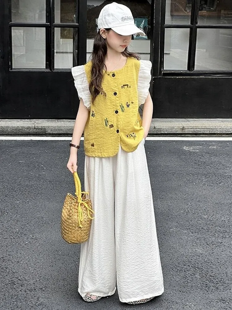 

Летний повседневный модный комплект для девочек: тонкие брюки-палаццо и жилет, комплект из двух предметов, детская одежда, трендовый наряд для детей