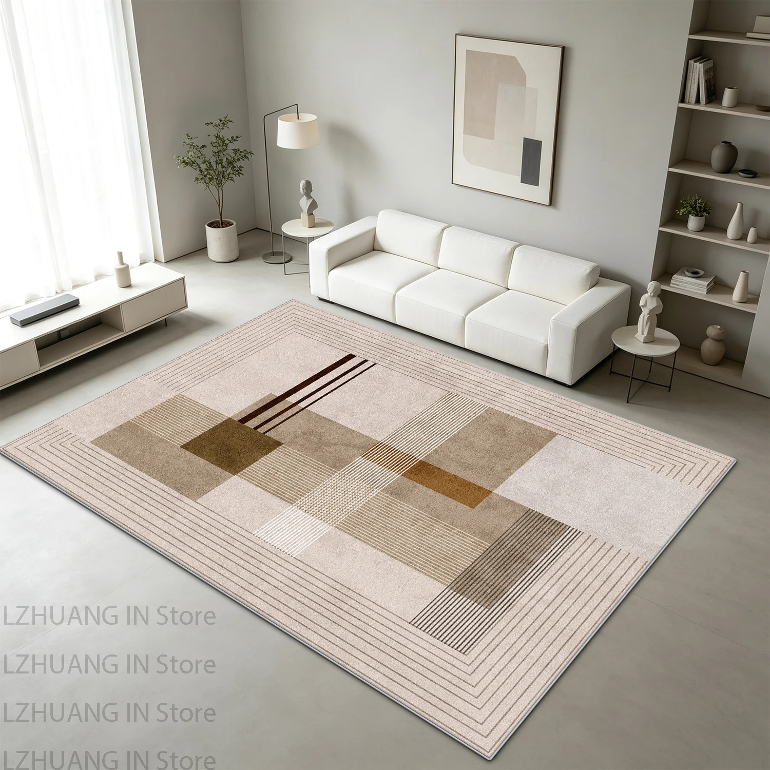 Cream Geometric Line Abstract Style Room Decoration Aesthetic Carpet Soft Fluffy Dining Room Rug Washable European Tatami Mat