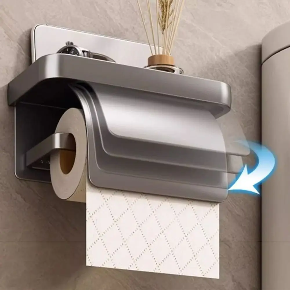 

Punch-free Toilet Paper Holder Wall-mounted Phone Storage Tray 2-in-1 Paper Roll Rack Waterproof Baffle Design