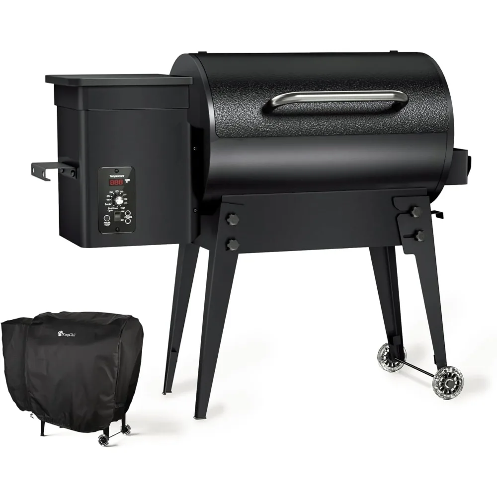 Portable electric wood pellet grill and foldable leg smoker, 456 square feet. Backyard camping bake and bake, black lid