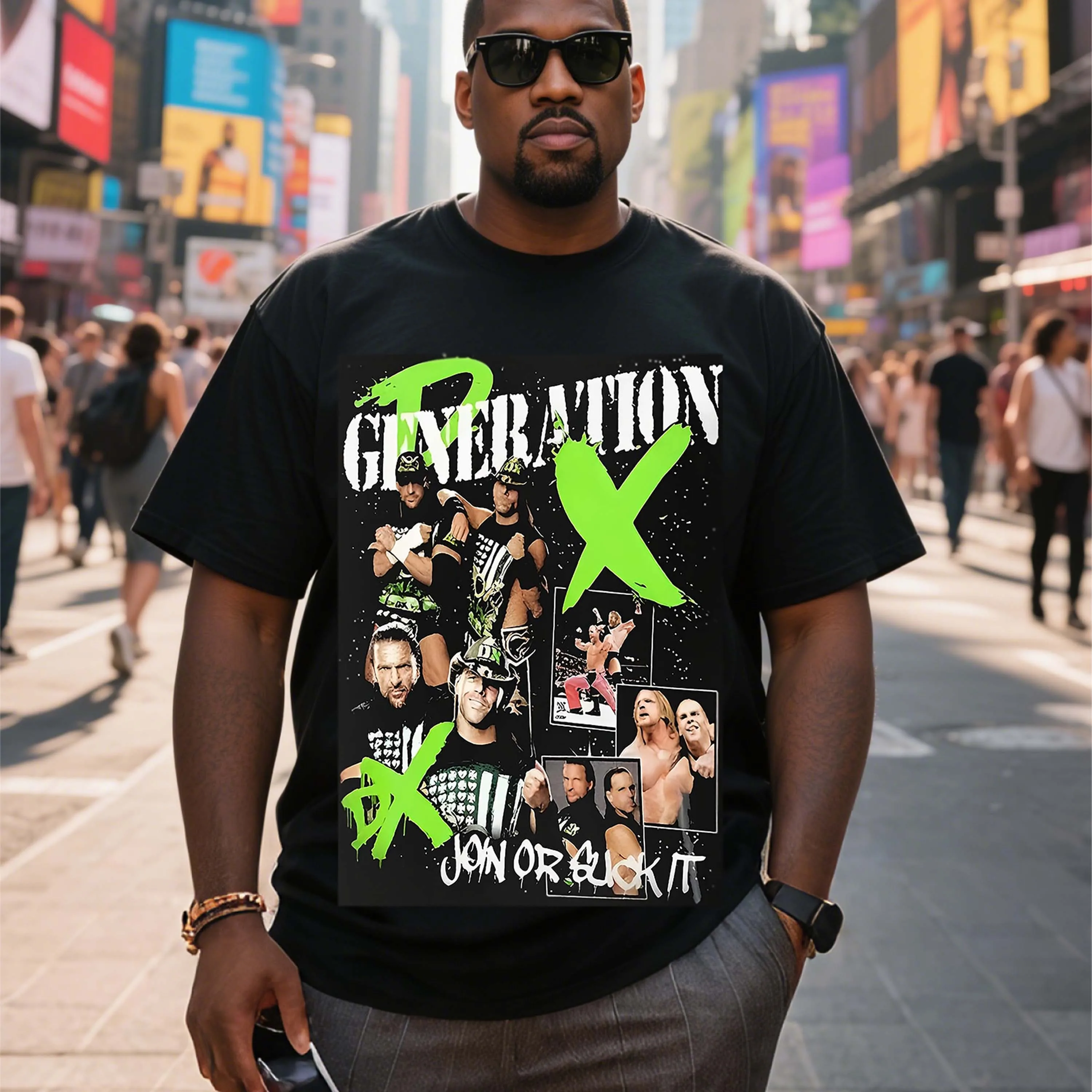 

Plus Size Black Short Sleeve T-Shirt with Wrestler Pattern Suitable for Outdoor Leisure Wear in Summer