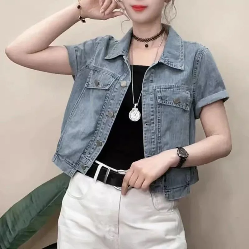 Short Denim Jacket Summer Short Sleeve 2026 New Small Cardigan Versatile Vest Fashion Lapel Top Jeans Women‘s Slim Waistcoat