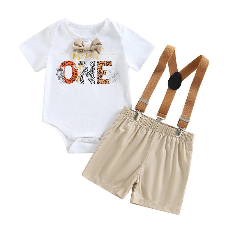 Baby Boys Summer Outfit Sets White Short Sleeve Letter Print Romper + Solid Color Suspender Shorts