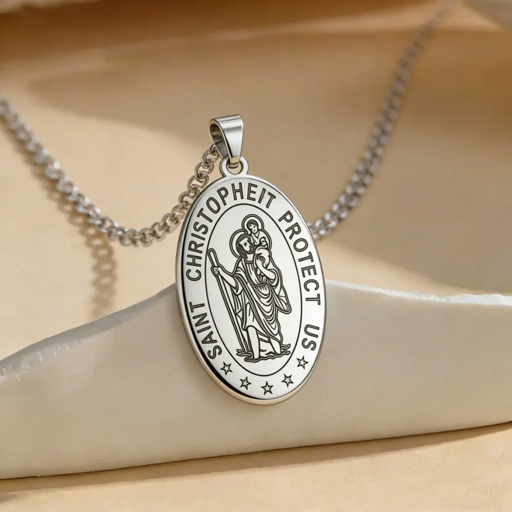 Amaxer St Christopher Pendant Necklace Patron Saint Christopher Medallion Medal Religious Amulet Christian Jewelry Travel Gifts
