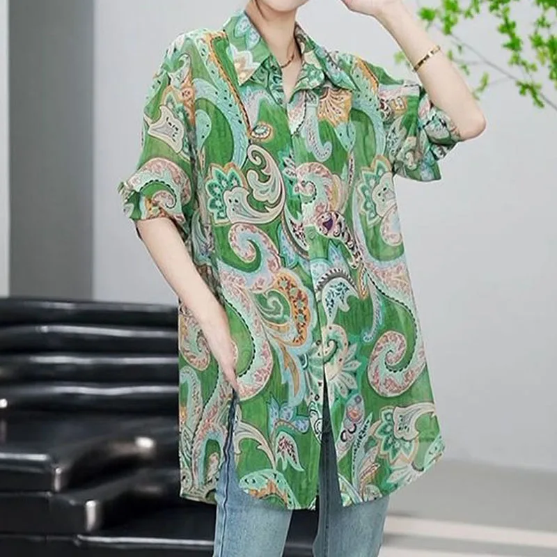 Korean Summer Clothes All-match Women's Printed Long Sleeve Shirt Casual Fashionable Loose Button Midi Blouse Shirts and Blouses