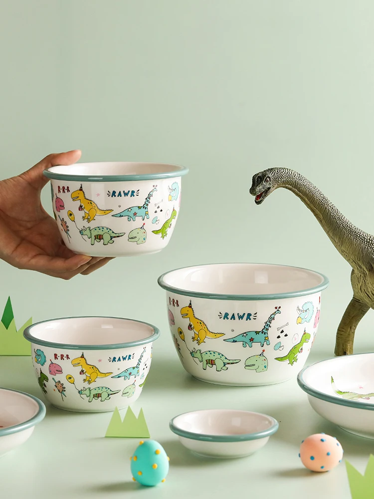 Ceramic Bowls 7.8 Inch Plates Cute Cartoon Dinosaur On Glazed Children Use Home Kitchen Porcelain Ins Popular Food Container