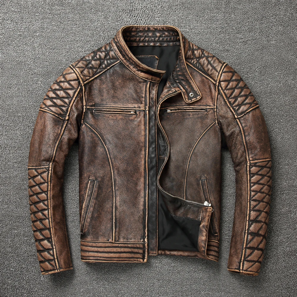 

Vintage Men Leather Jacket Thick 100% Genuine Cowhide Biker Jacket Slim Fit Men Motorcycle Coat Autumn ASIAN SIZE S-5XL M419