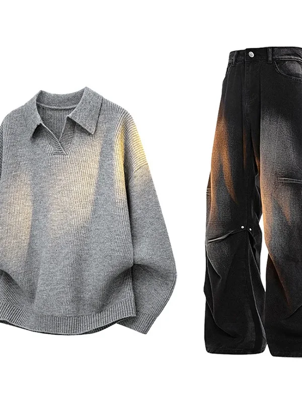 

American Cleanfit Color Ne Knitted Sweater Set Men's Waed Vintage Workwear Pants Two-Piece Trendy Faion Set