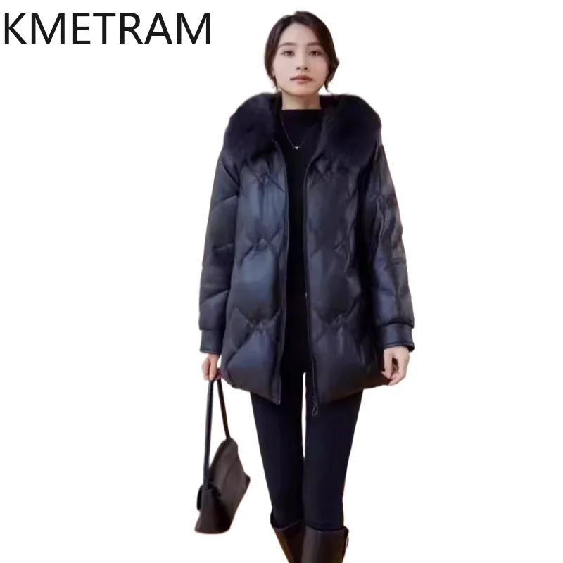 100% Sheepskin Puffer Jacket Women Loose Genuine Leather Down Coats with Hood Fox Fur Collar 2025 Winter Clothes Woman пуховик