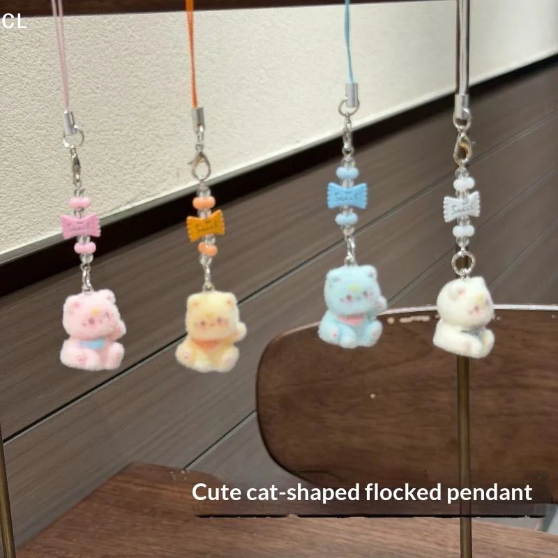 Flocking Animal Cat Pendant Cute Keychain Keyring Bag Earphone Car Key Chains Decor Keychains Accessories Phone Chain Lanyard